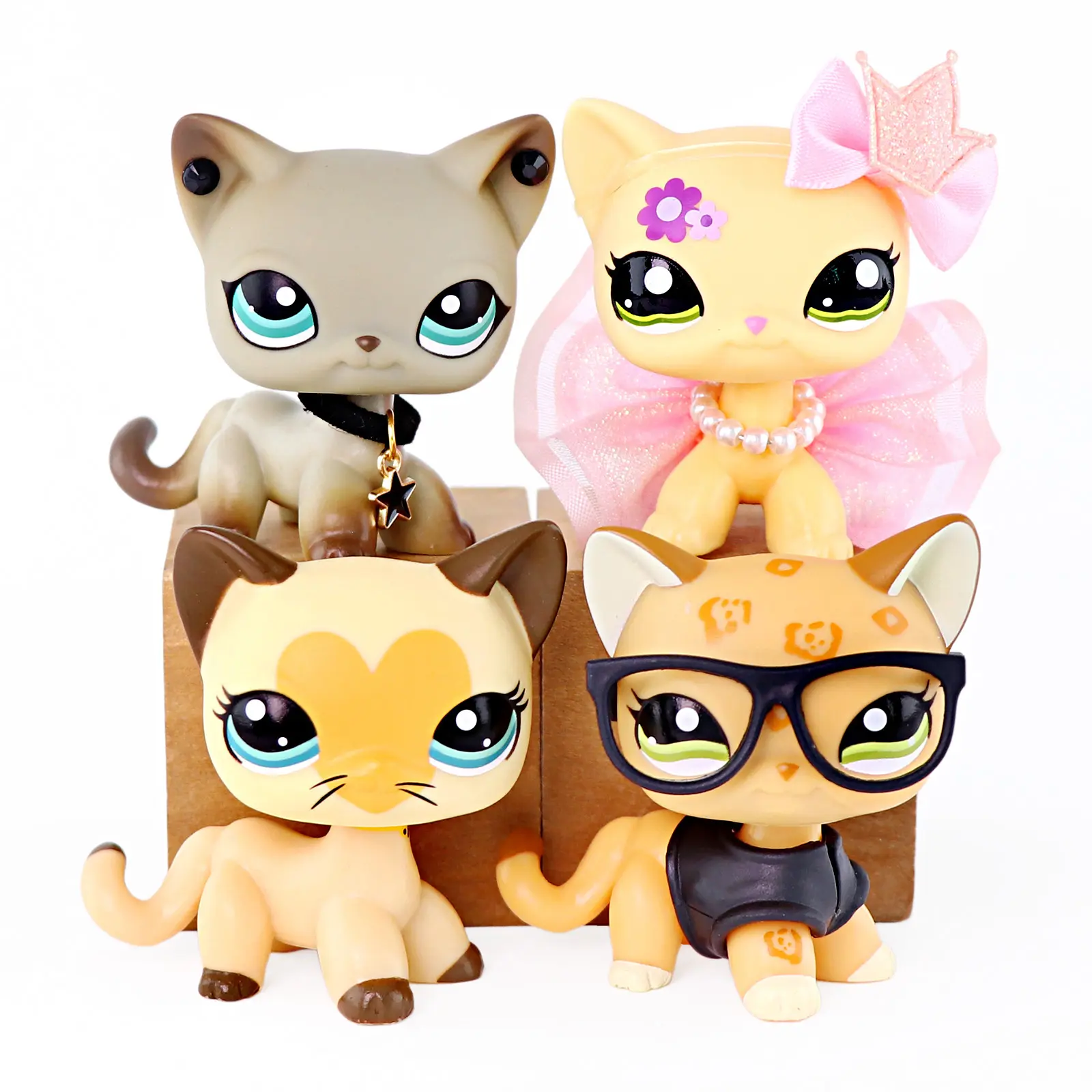 4 Pcs Mini Short Hair Cat Figurines Set, Cute Cartoon Kitten Mini Figures with Princess Tutu Crown, Star Pendant Necklace, Glasses Outfit Accessories, Collectible Small Animal Statues, Birthday Party Gift for Girls Kids Collectors