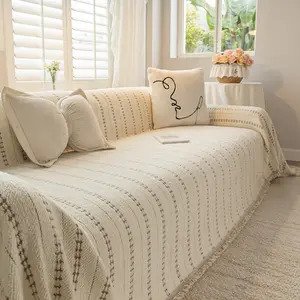 Reversible Half Velvet Chenille Retro Stripe Sofa Blanket, Universal Sofa Slipcover for 1/2/3 Seater L-shaped Sofa, Anti-Cat Scratch Non-Slip, 4 Seasons Use for Home Living Room Minimalist Decor, Couch Cover