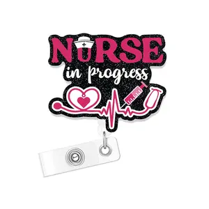 Nurse Letter Design Badge Holder, 1 Count Creative Badge Reel, Nursing Badge Reel, ID Card Badge Holder Name Badge Holder for Nurse Doctor Student Worker Volunteer, Medical Badge Holder