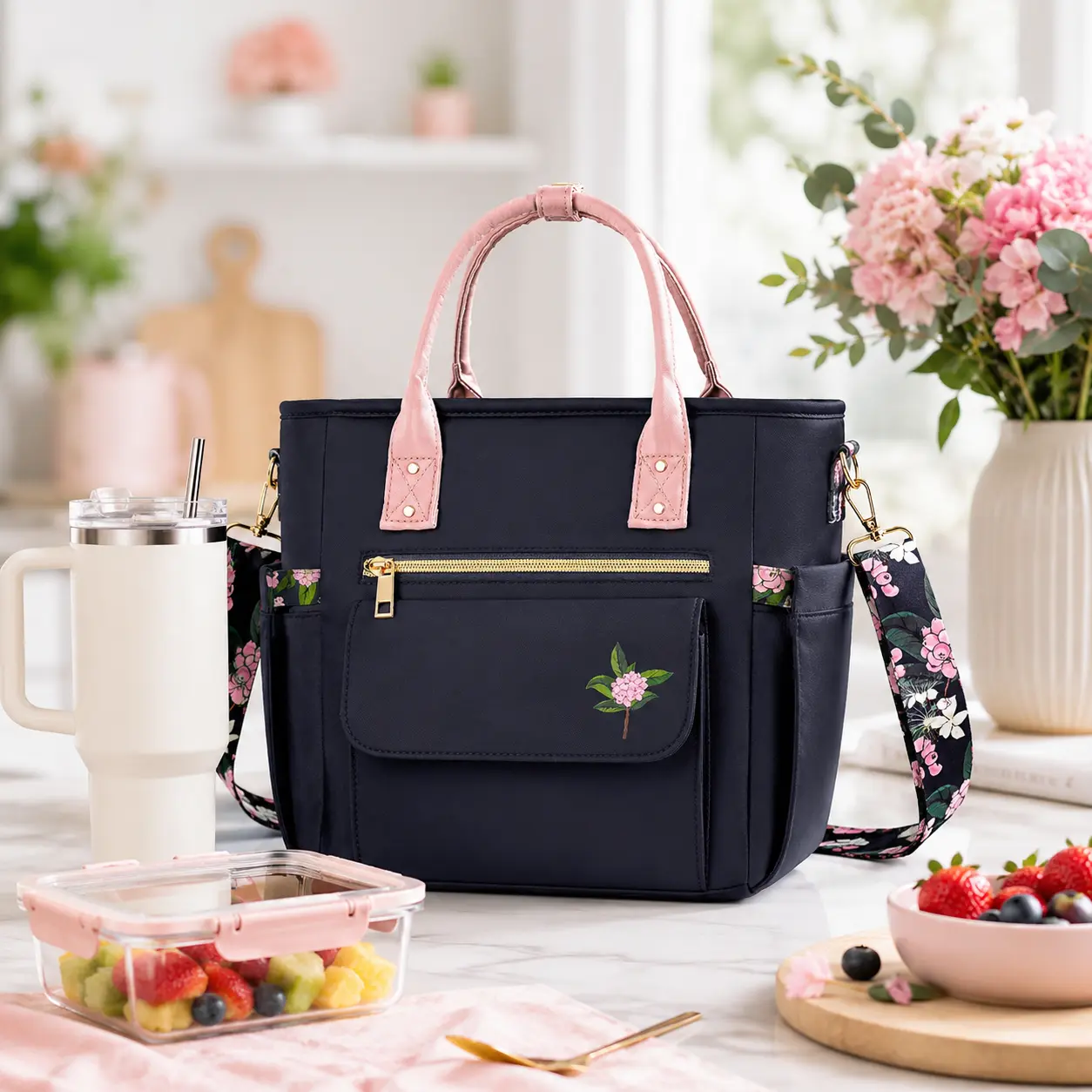 GLORIEROO Insulated Lunch Bag for Women, Large Capacity Floral Lunch Tote Cooler with Shoulder Strap, Leakproof Easy-Clean Lining, Multi-Pocket Work Lunch Box Bag for Office, School, Teachers & Travel