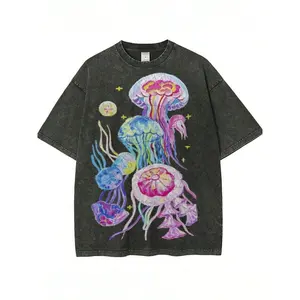 B-Vintage Washed Jellyfish Graphic Tee Women Men Oversized Heavyweight Cotton T-Shirt Acid Wash Grey Retro Ocean Aesthetic Streetwear Boxy Fit Top Main Character Energy Street Talk Vaporwave Indie Alt Clothing Summer Beach Vibe 90s Style Shirt Sea Life