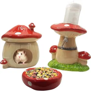Mushroom Ceramic Hamster Hideout, Water Bottle with Stand, Food Bowl, Hamster Accessories