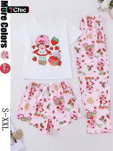 3 Piece Casual Strawberry Print Women's Pajama Set, Soft Short Sleeve Button-Up Top, Relaxed Fit Shorts and Pants, Stylish Sleepwear for Everyday and Festive Occasions