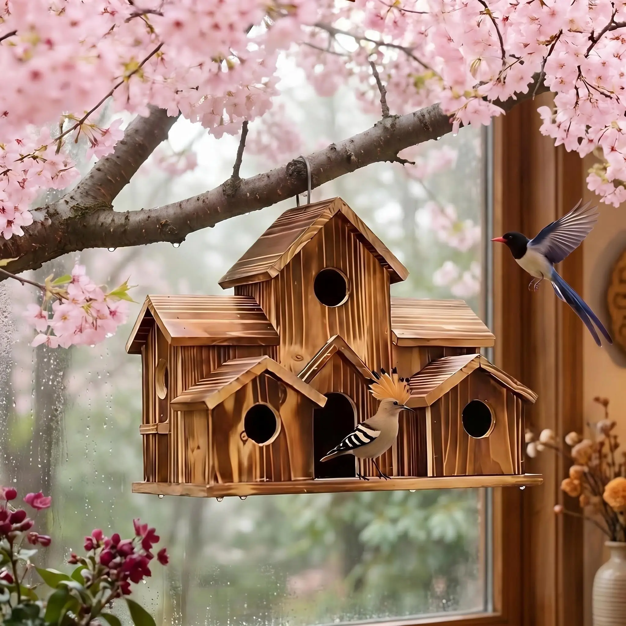 Hanging Birdhouse for Outside - Wooden 6-Room Multi-Chamber Outdoor Garden Nesting Box, Country Cottage Style, Water-Resistant for Bluebirds/Swallows, Pet Supplies Bird Cages & Houses for Backyard Birders