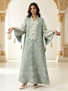 Elegant Embroidered Mesh Muslim Abaya Dress, Islamic Abaya, Modest Muslim Outfits, Loose-Fitting Kaftan for Spring & Fall, Casual Plants Pattern, Perfect for Ramadan