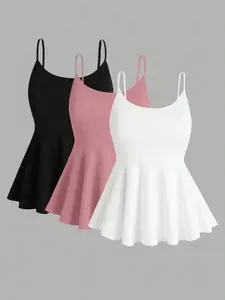 Women's Plus Size 3 Piece Camisole Cami Tops Set Peplum Tank Shirts Spaghetti Strap Solid Color Lightweight Flowy Tummy Control Fitted Casual Chic Summer Basic Lounge Outfits Trendy Casual Comfy Cami