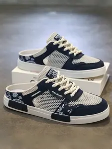 1 Pair Men's Large Size Mesh Half-Slip Board Shoes, Breathable Mesh + Anti-Collision Toe Cap, Rubber Anti-Slip Outsole, Heelless Lazy Shoes, Summer Outdoor Slippers