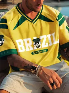 Men's Brazil Print Short Sleeve Soccer Jersey, Casual Regular Fit Breathable Crew Neck Sports Top for Summer, Fashion Men's Sportswear for Soccer Training, Jersey Shirts