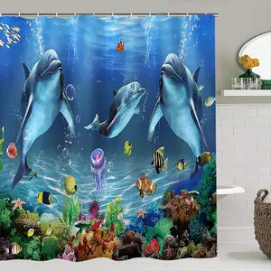 Dolphin Pattern Bathroom Decorations, 1 Set Including Shower Curtain & Toilet U-shape Mat & Bath Mat & Toilet Lid Cover, Bathroom Accessories for Home Decor, Restroom Bathroom Accessories, Waterproof Bathroom Curtain, Shower Curtain Sets