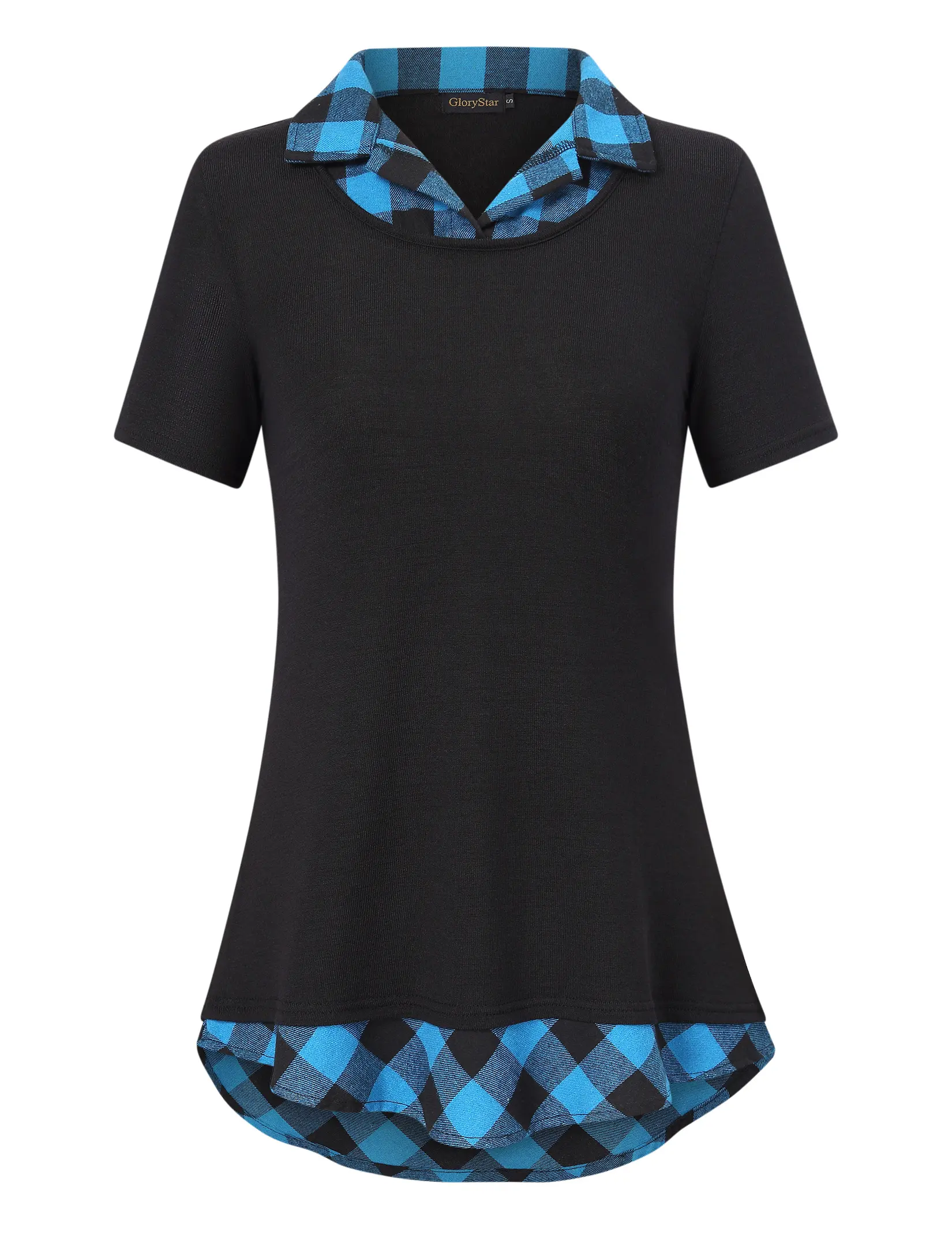 YESFASHION Women's Plaid Lapel Short Sleeve Tunic Blouse - Contrast Hem, Color Block Spliced, Casual Swing Style (95% Polyester, 5% Spandex) XYZ