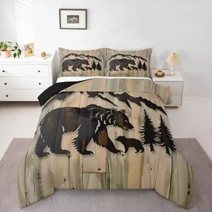 Rustic Cabin Bear Bedding Set,| Jungle Hunting Wildlife Comforter Set,Wild Animals Down Comforter Grain Barn Door Farmhouse Duvet Insert Bedroom Decor,