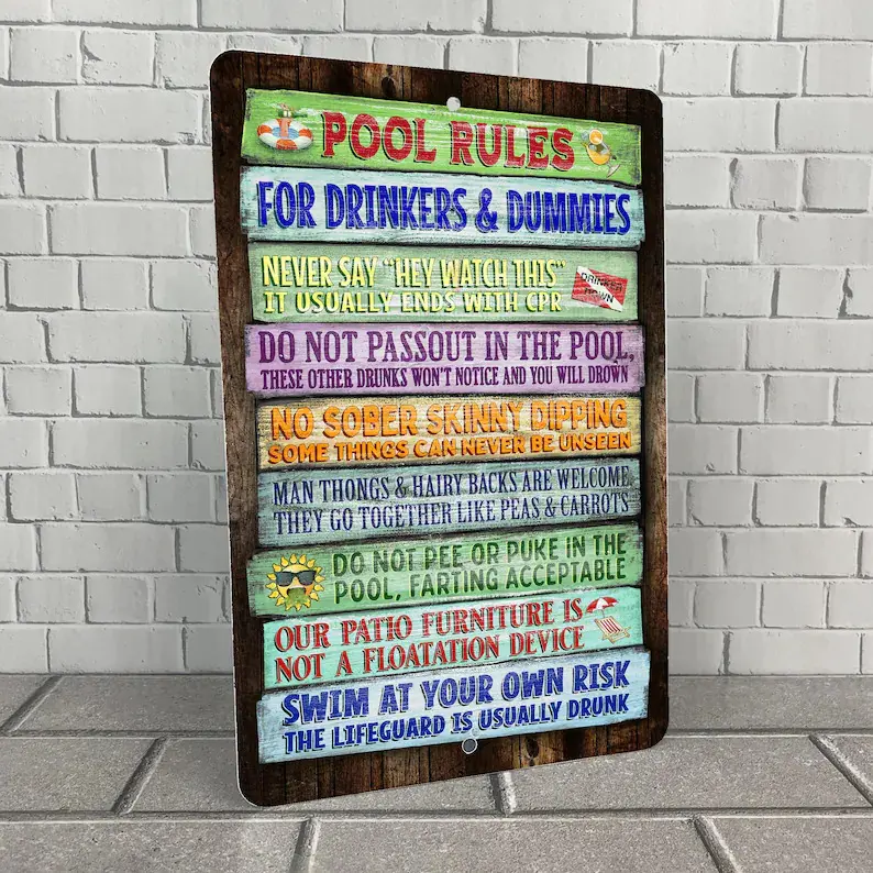 Vintage Metal Funny Pool Rules Sign for Outdoor Tiki Bar Decor