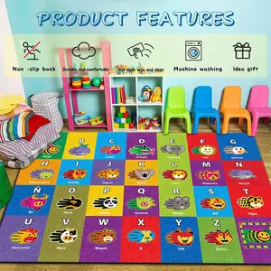 Multicolor Kids Handprint Animal Alphabet Educational Crystal Velvet Area Rug Non‑Slip Playroom Modern Learning Rug Indoor Rug#KidsHandprintAlphabetRug #AnimalLetterEducationalRug #PlayroomDecor #ColorfulLearningCarpet #CrystalVelvetRug