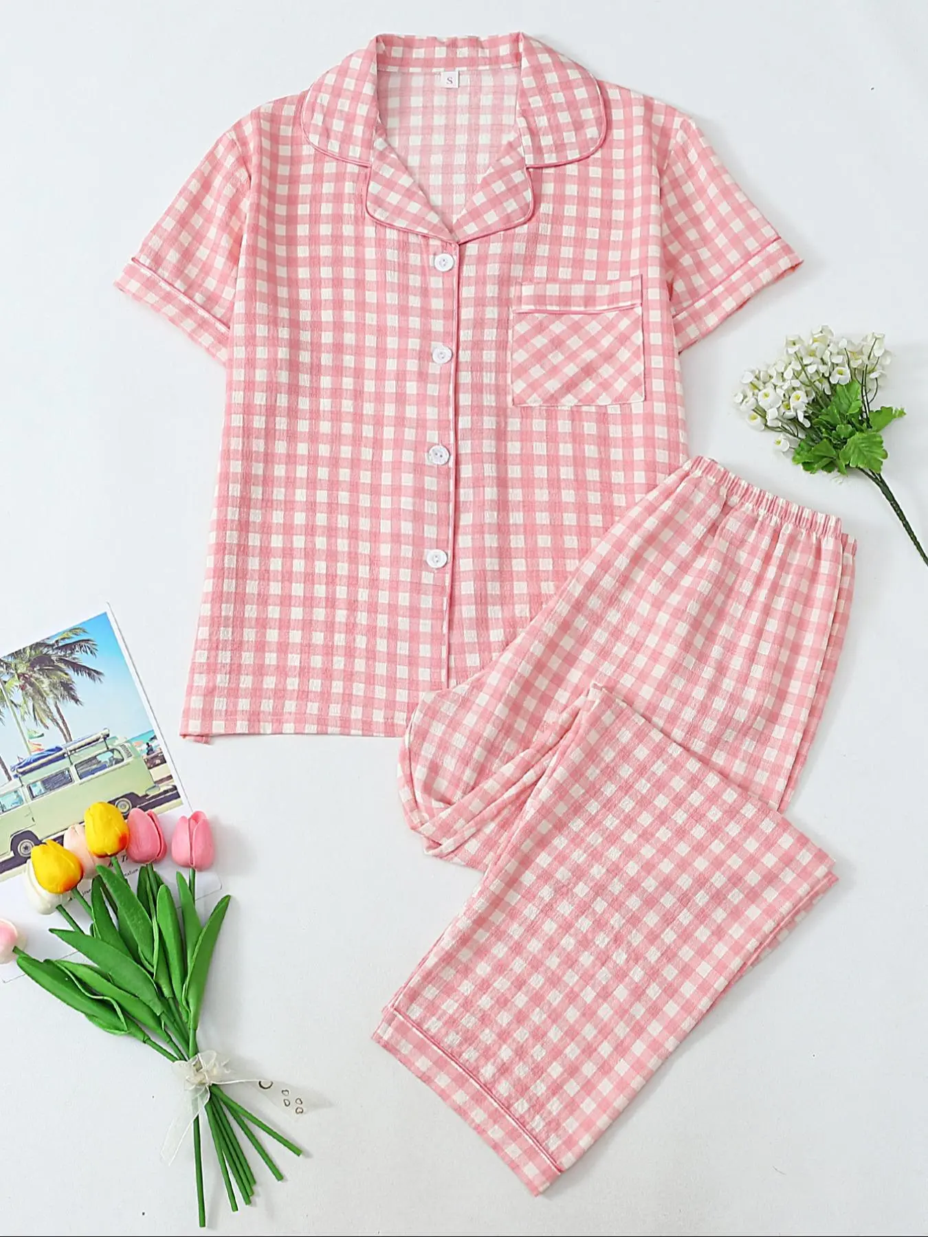 Women's Gingham Print Short Sleeve Tee & Pants Pyjama, Casual Comfy Round Neck T-shirt & Trousers PJ Set, Ladies Sleepwear for All Seasons, Loungewear, Pajama Set, Sleepwear Pajamas Set, Casual Pajama Sets, Matching PJ Set