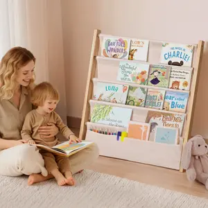 4/5-Tier Kids Floor Standing Bookshelf, Pine Wood & Cotton Linen Holds Many Books Space-Saving for Nursery, Classroom, or Playroom Storage