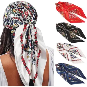 Pack of 4 Satin Large Square Headscarf, 35 Inches Large Hair Bandana Head Fashion Pattern Hair Scarves, Silk Like Neck Scarf Hair Sleeping Wraps Satin Silk Scarfs For Women