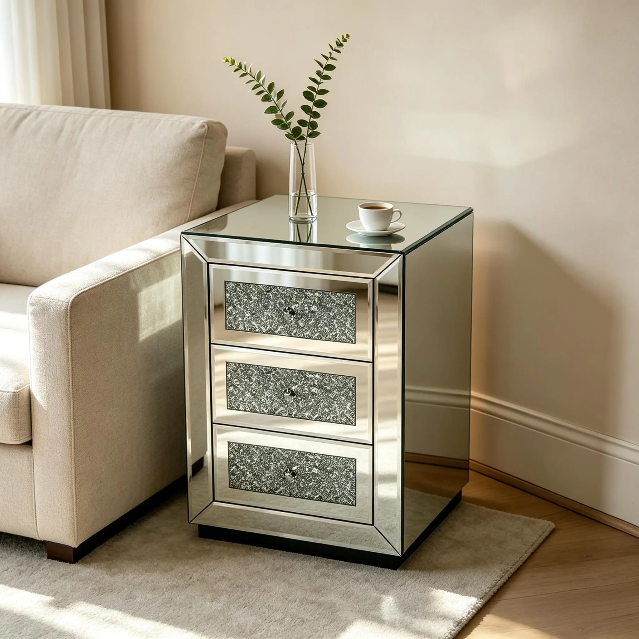 Mirrored Nightstand 15.75" x 15.75" x 22.8", Silver 3-Drawer Bedside Table with Glitter Crystal Drawers, Glass Accent End Table, Modern Glam Storage Cabinet for Bedroom Living Room