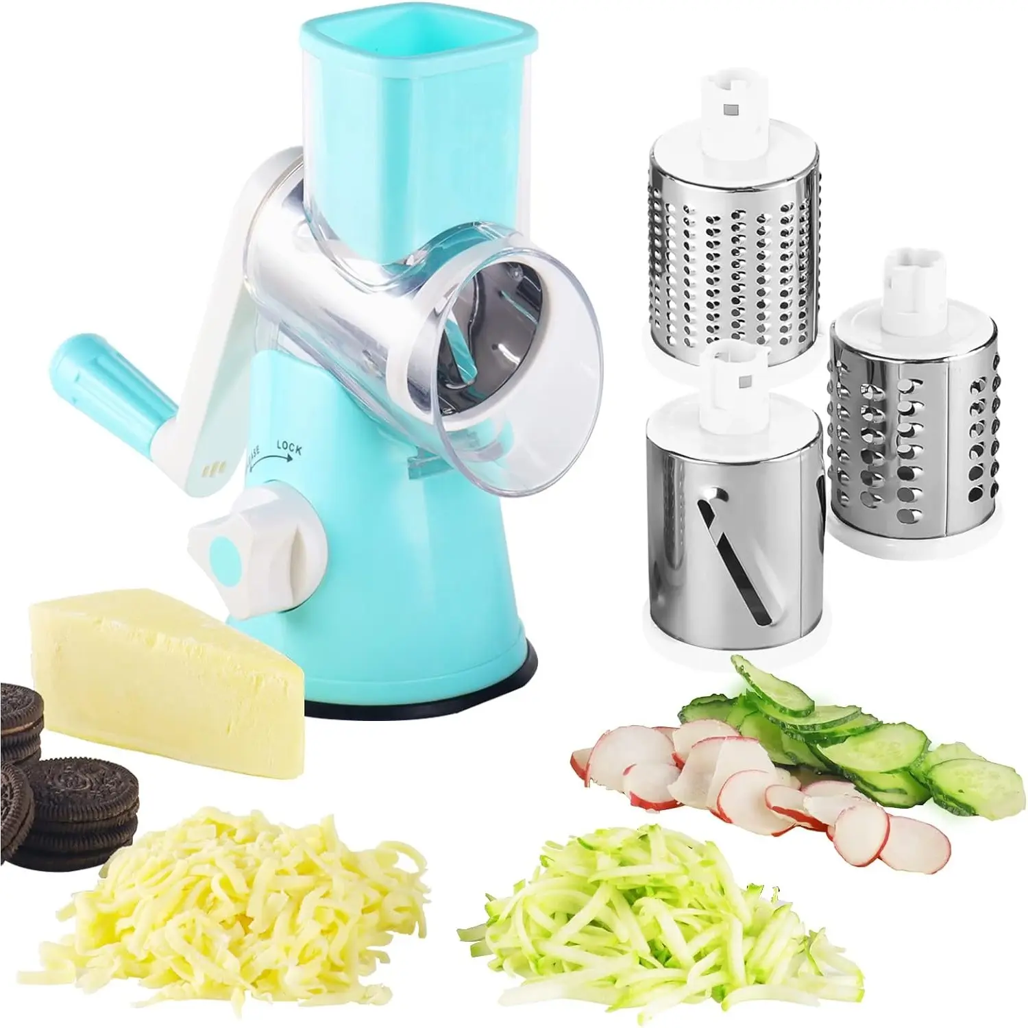 MIUVA Rotary Cheese Grater-3-in-1Stainless Steel Manual Drum Slicer,Rotary Graters for Kitchen,Food Shredder for Vegatables,Nuts and Chocolate(Blue) Cutting Silicone Utensils Blade TikTokShopBlackFriday Christmas Cookware Sets
