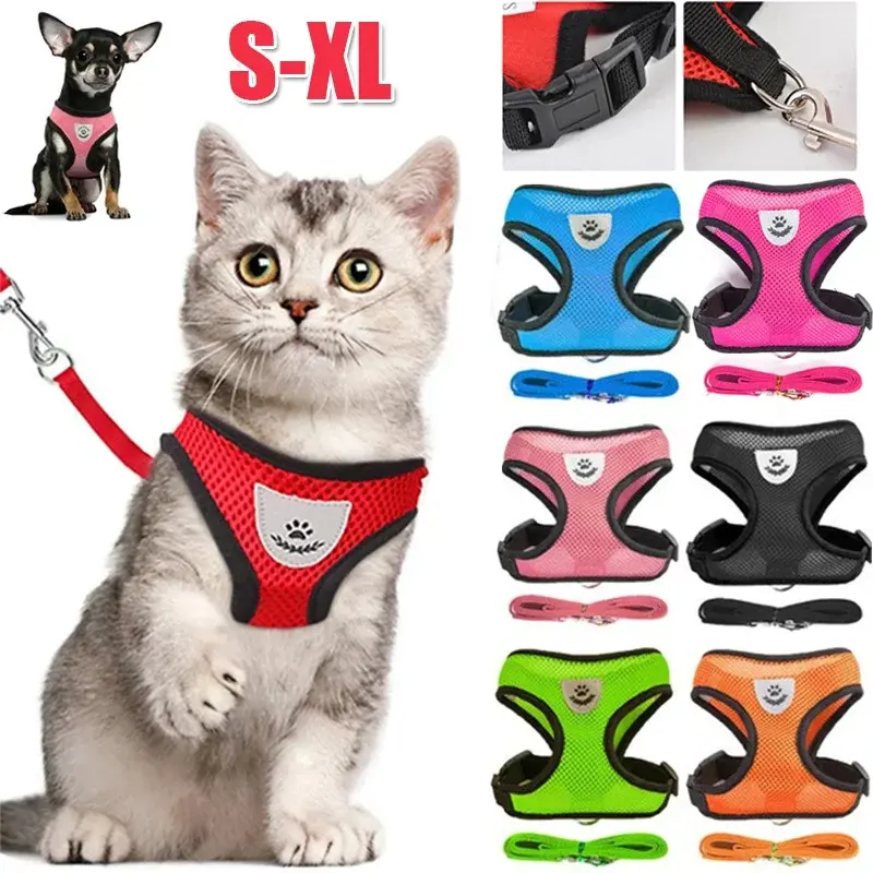Breathable Mesh Pet Harness and Leash Set for Cats and Small Dogs, Adjustable Reflective Vest Harness for Walking and Outdoor Use