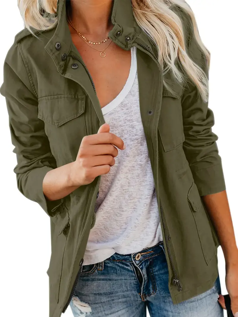 Women's Stylish Military Anorak Jacket - Zip-Up Snap-Button Parka Tops with Pockets, Basic Long-Sleeve High-Neck Outerwear for Casual & Outdoor Wear