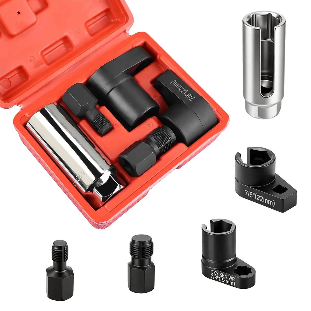 1 or 5PCS O2 Oxygen Sensor Socket Set, 1/2 & 3/8 in Drive, 7/8 in (22mm), Premium Removal Tool with Thread Chasers & Offset Wrenches, Heavy-Duty Automotive Kit for Easy Installation & Repair toolupgrade