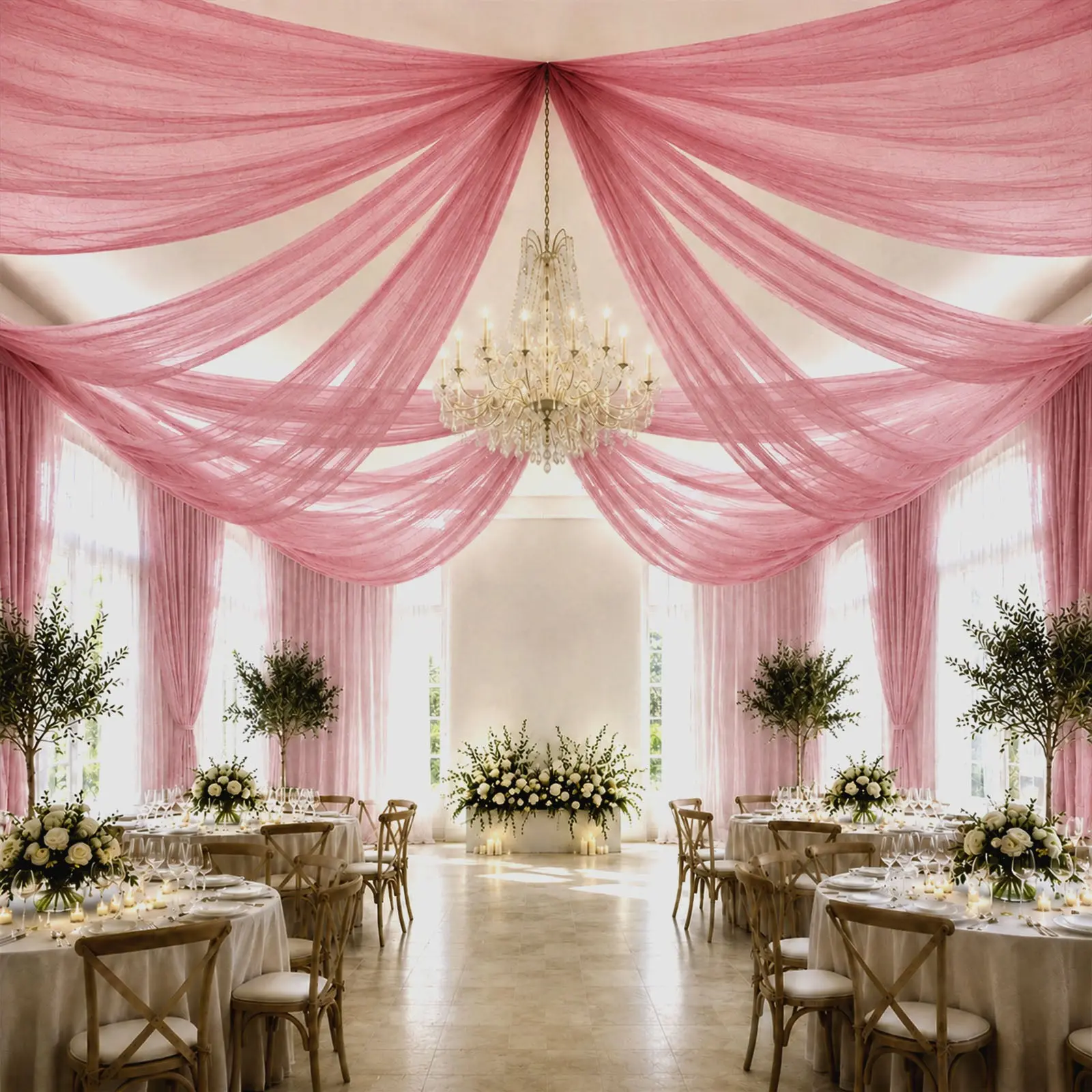 Mauve Cinnamon Rose Sheer Ceiling Drape – 10ft x 32ft Extra Long Drapery Panel for Wedding Canopy, Backdrop & Reception Décor