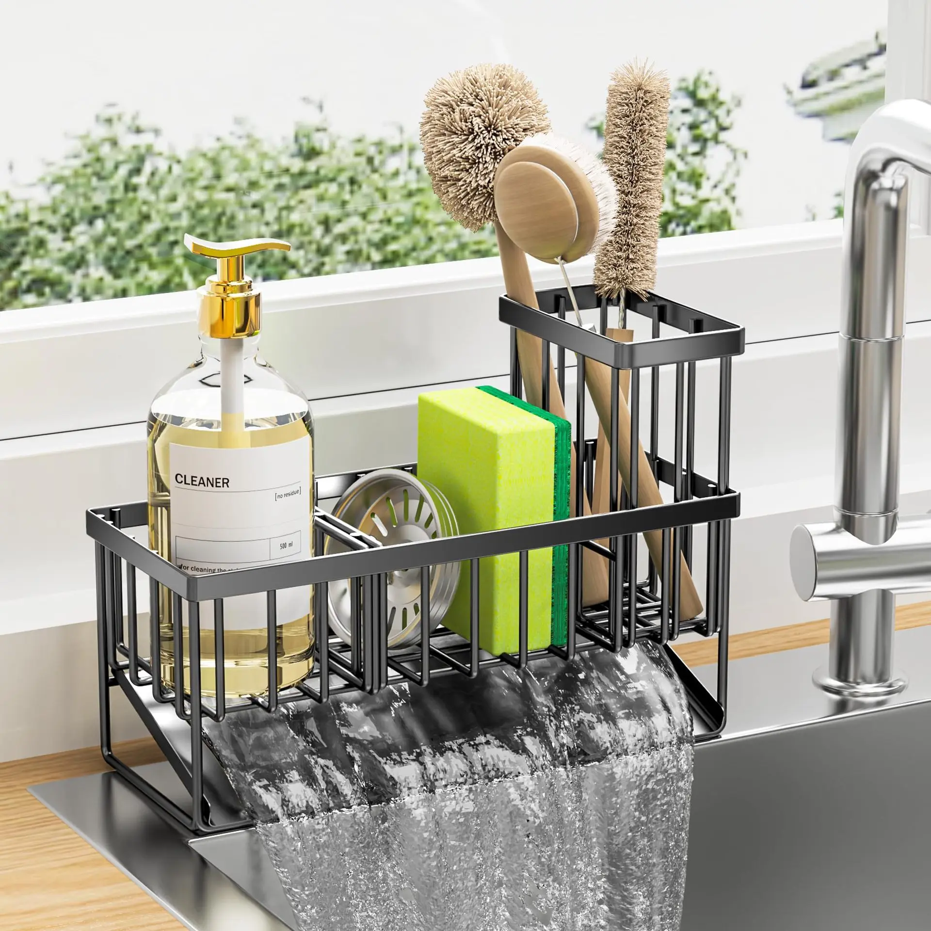 Kitchen Sink Drain Rack, Stainless Steel Sink Storage Rack with Soap Dispenser Tray, Kitchen Sink Organizer, Counter Accessories, Cleaning Organizer
