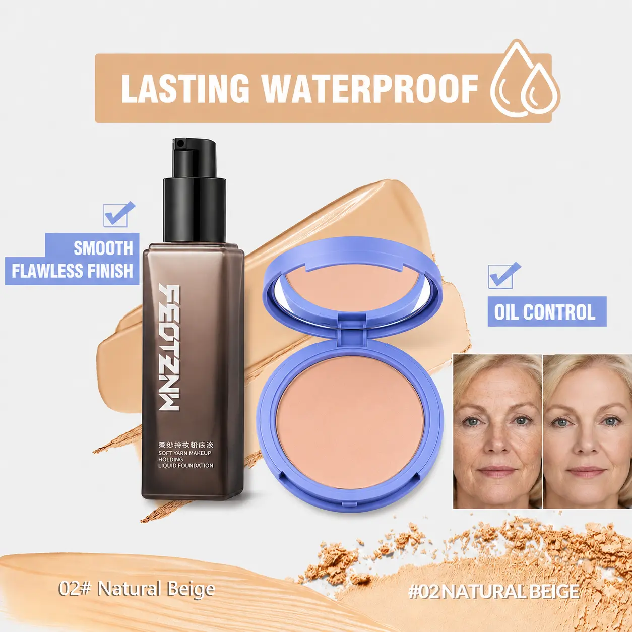 feotznw 2-Piece Foundation and Setting Powder Set, Hydrating Liquid Foundation and Matte Oil Control Powder for a Waterproof, Natural Look (Shade 01), Liquid Foundation 01# + Powder Compact 01#, Two Piece Set