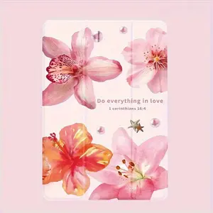 Floral for iPad Case with Pen Slot - Pink & White Flowers Design Transparent TPU PU Material Stand-Up Flip Cover for iPad Mini 4/5/6 Pro 2024 Air 2024/7 10/11 Pro 2020/21/22 Pro 2024 Cute and Functional Protective Cover - Computer Tablet Casing Protection