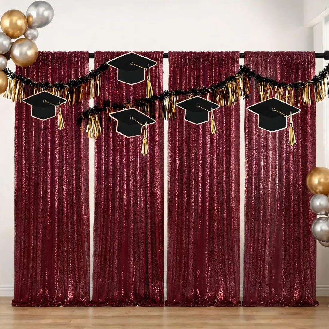 4 Panels 2x8ft Burgundy Sequin Backdrop Curtain for Outdoor Garden Wedding Photography Birthday Halloween Christmas Drapes