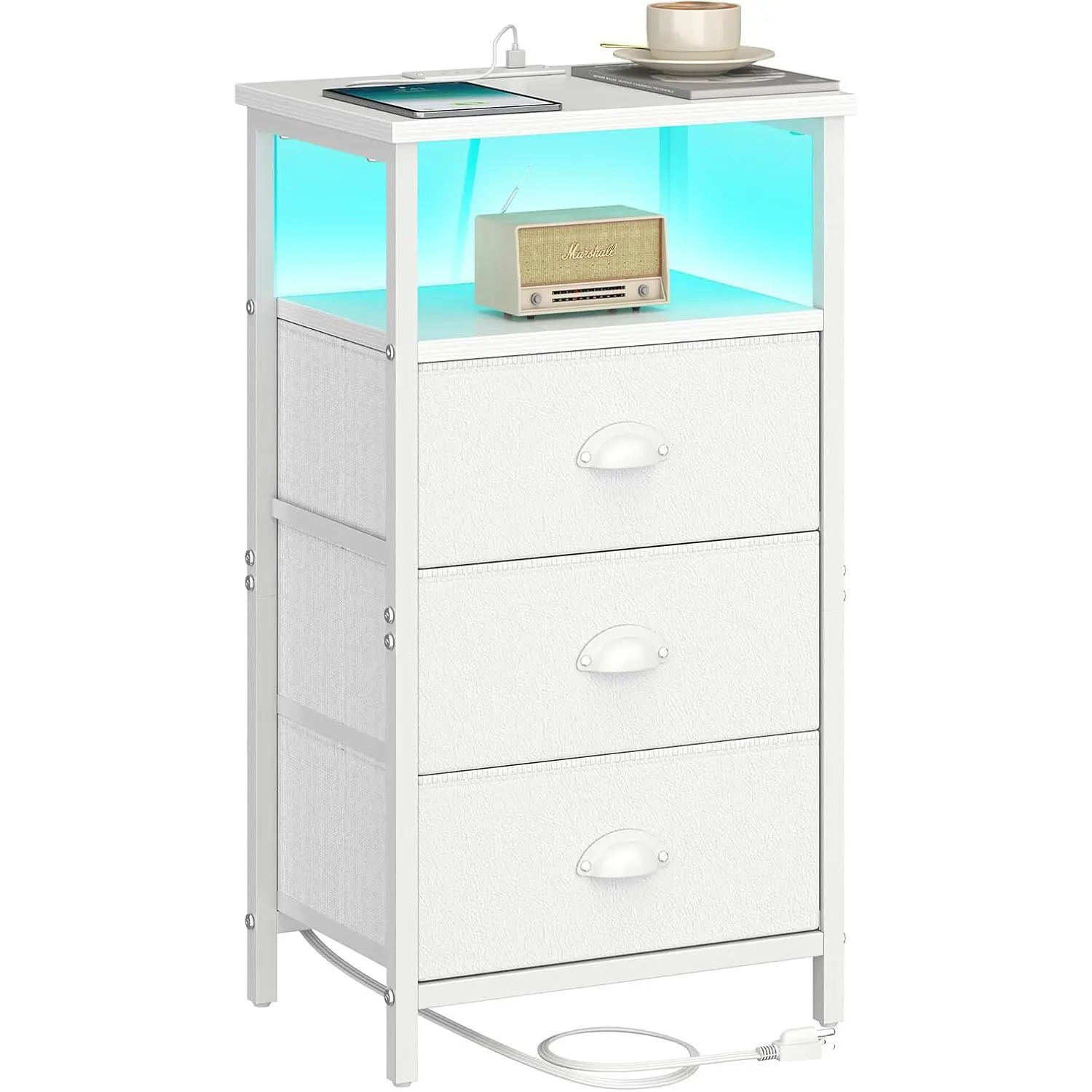 Nightstand with  Station,LED White Nightstand with 3 Fabric Drawers PU Finish, Bedside End Tables, 2-Tier Open Storage Shelf Side Table Nightstand with Drawers for Bedroom,White