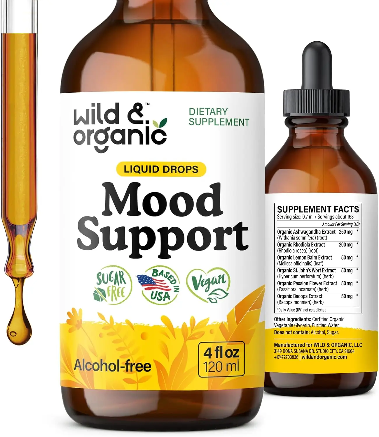 Wild & Organic Mood Support Liquid Drops - Herbal Supplement with Ashwagandha Root, Rhodiola Rosea for Positive Energy, Calm & Relaxation for Adults