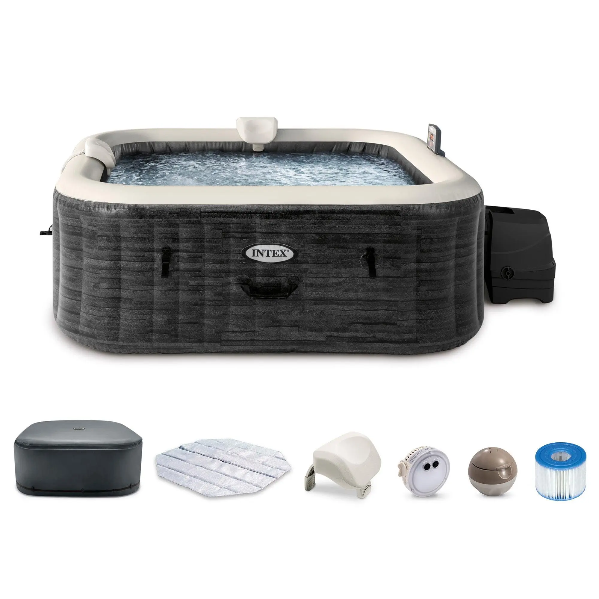 Intex PureSpa Greystone Deluxe Spa Set, 170 Bubble Jet Hot Tub with Cover, 77"x28"