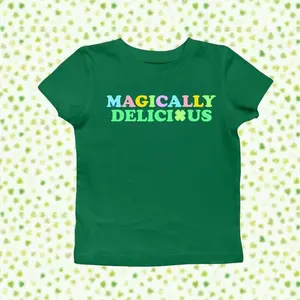 [Sale up to 30%] Magically Delicious Crop Top Cute Clover Fitted Graphic Top Y2K Baby Tee Gift For Girlfriend St Patricks Day Gift For Her