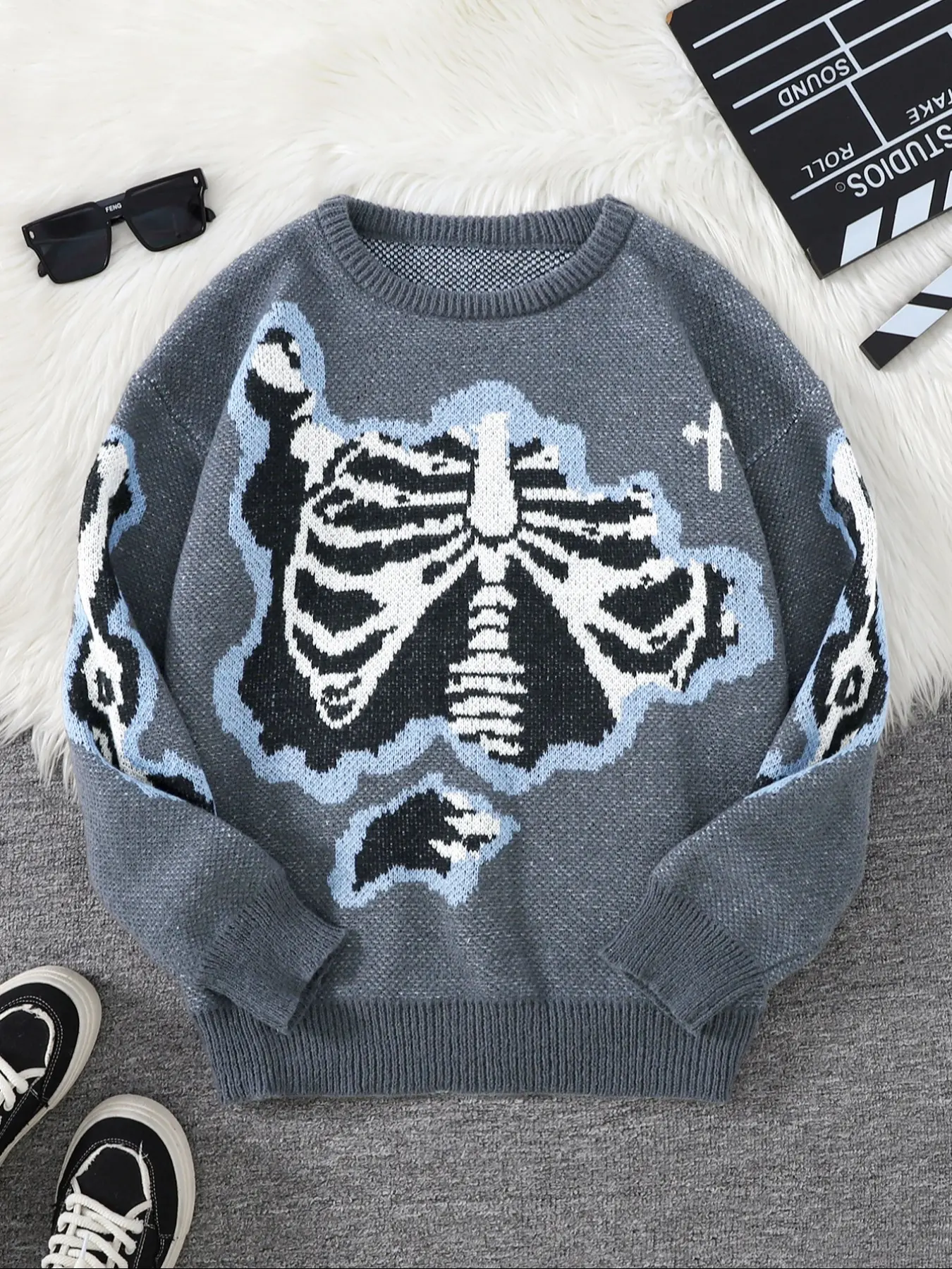Men's Regular Fit Skeleton Print Round Neck Sweater, Comfy Long Sleeve Crew Neck Jumper for Daily Wear, Fashion Men's Knitwear Knitted Pullover for Fall & Winter, Soft Aesthetic Casual Knitwear, Tops