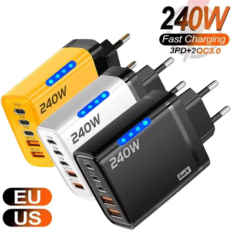 240W  5 in 1 super Fast Charging Phone Charger USB C Charger Power Adapter Type C EU/US Plug Wall Charger