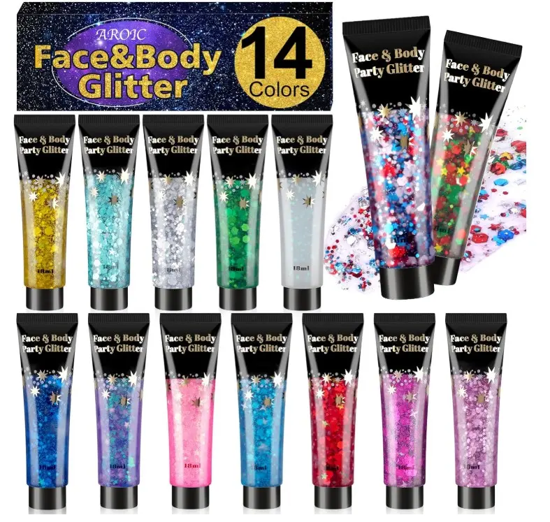 AROIC 14 Colors Body Glitter, 4th of July Face & Hair Glitter Gel Set for Festival, Eye Shimmer for Women Rave Accessories Party Supplies, Face Paint Hair/Cheek/Eyelid Sparkle Makeup-18ml/Tube