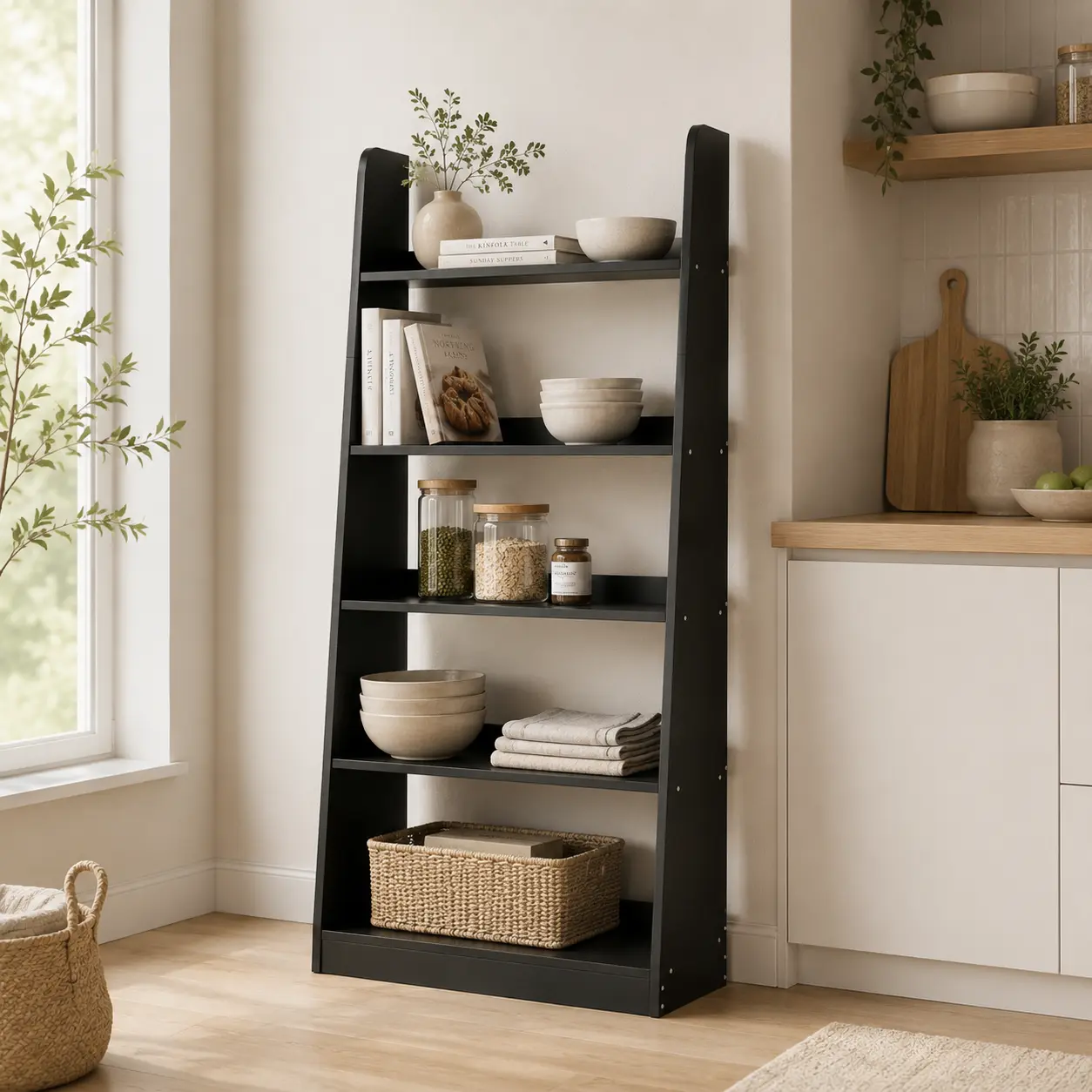 Naviconvex 5-Tier Black Minimalist Ladder Shelf - Freestanding Modern Open Bookcase, Decorative Storage Organizer & Organiser for Books, Plants, Photo Displays in Living Room, Home Office