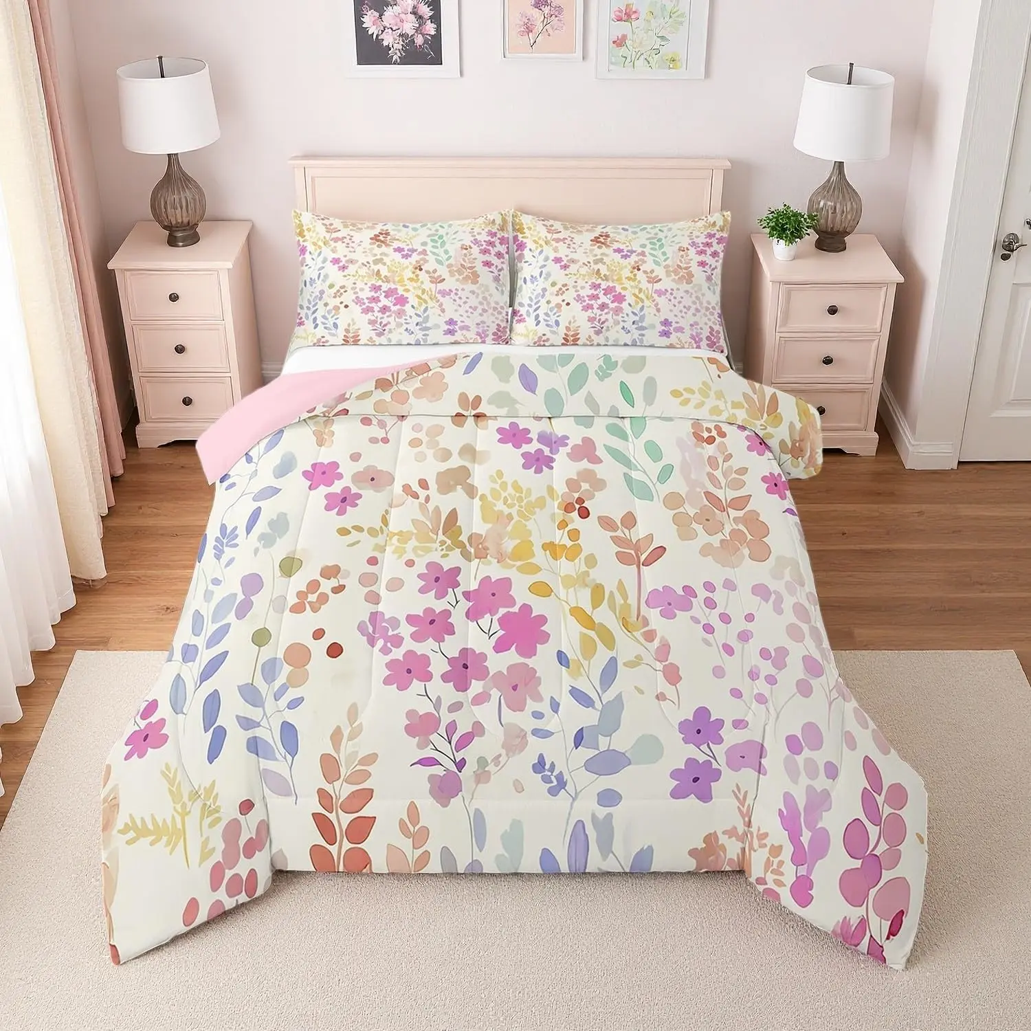 Feelyou Multi-Size Pink Watercolor Wild Flower Queen Comforter Set - Breathable Floral Bedding, Soft Warm Blanket, Low-Rollover Lightweight Quilt, Machine Washable, for Girls' Boho-Rustic Bedroom Décor, Camping
