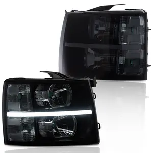 LED DRL Smoke Lens Black Housing Headlights Fit For 2007-2014 Chevy Silverado, Bolt-On Kit, Running Light