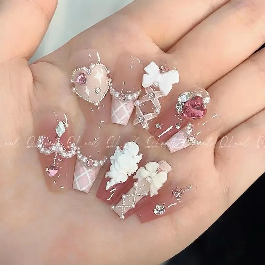 TISXTISW Press on Nails Handmade Nails French Tip Pink Cute 3D ballet