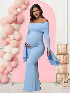 Women Maternity Off Shoulder Long Sleeve Baby Shower Dress Pregnancy Gown for Photoshoot，Party
