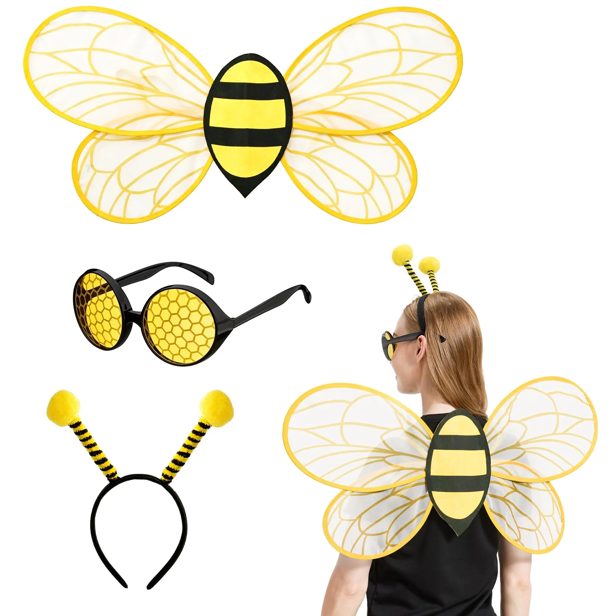 Women's Bumble Bee Cosplay Accessory Kit, 3-Piece Polyester Set with Wings, Antenna Headband & Glasses, Animals/Insects/Dinosaurs Themed, for Holiday Events & Dance Outfits, Detailed, Fashionable, Do Not Wash