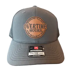 Trucker Overtime Hours Leather Patch Charcoal Front, Black Mesh Back Snapback Hat