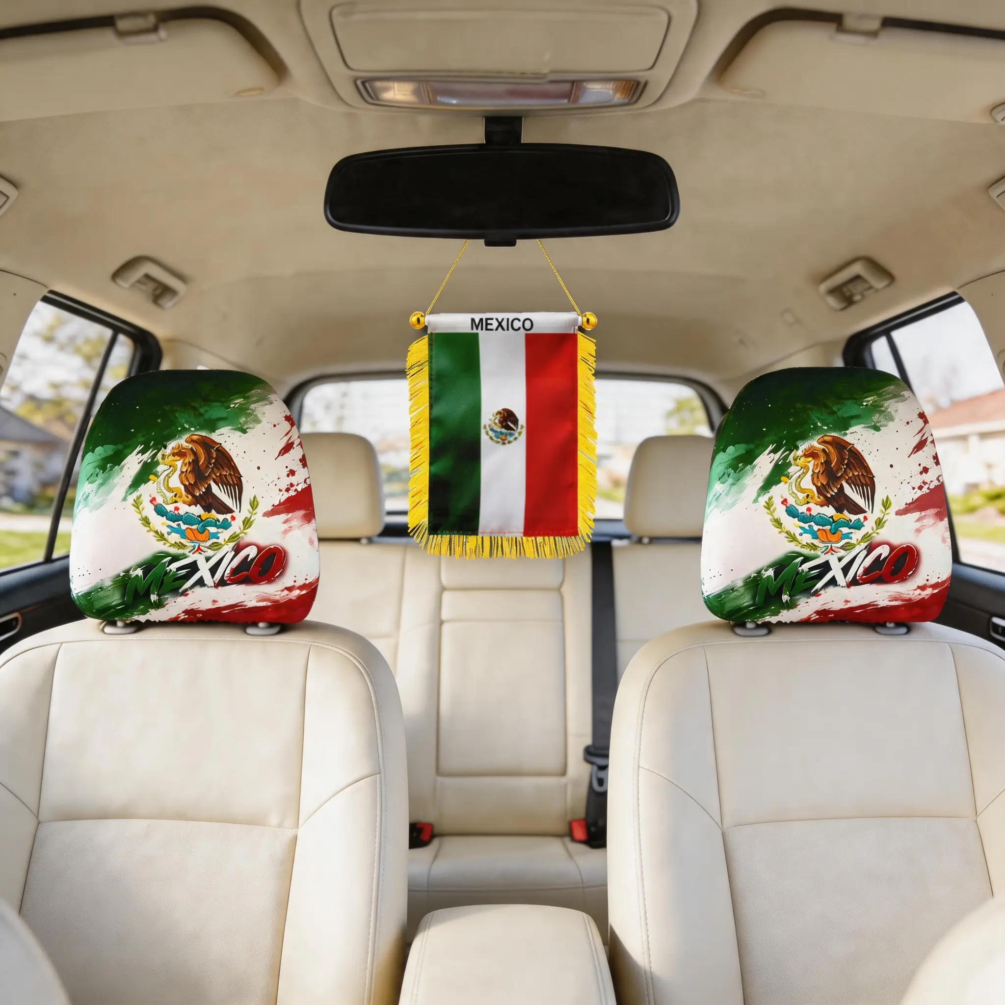 Mexico Flag Car Headrest Covers 2Pcs with Rearview Mirror Flag Set, Splash Paint Mexican Eagle Auto Interior Decor Accessories Gift