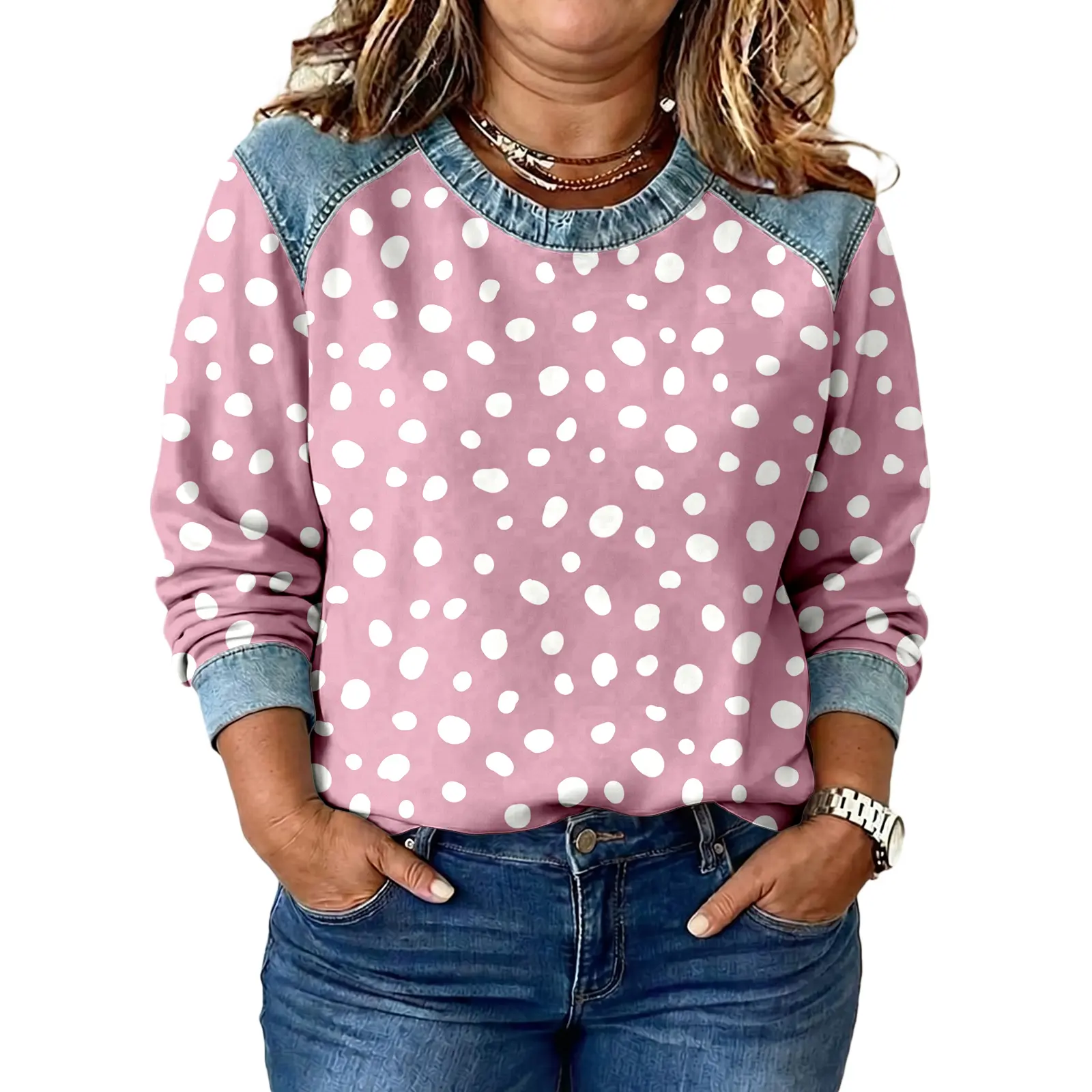 Eytino Womens Plus Size Denim Patched Dotty/Plaid/Geometric Pattern Long Sleeve Crew Neck Sweatshirt (1X-5X)
