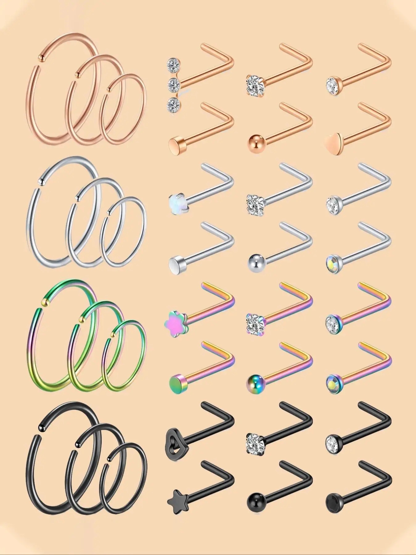 Unisex Street Trend Rhinestone Decor Nose Studs & Rings, 36pcs/set Minimalist Stainless Steel Nose Ring Jewelry, Chic Body Piercing Jewelry for Party