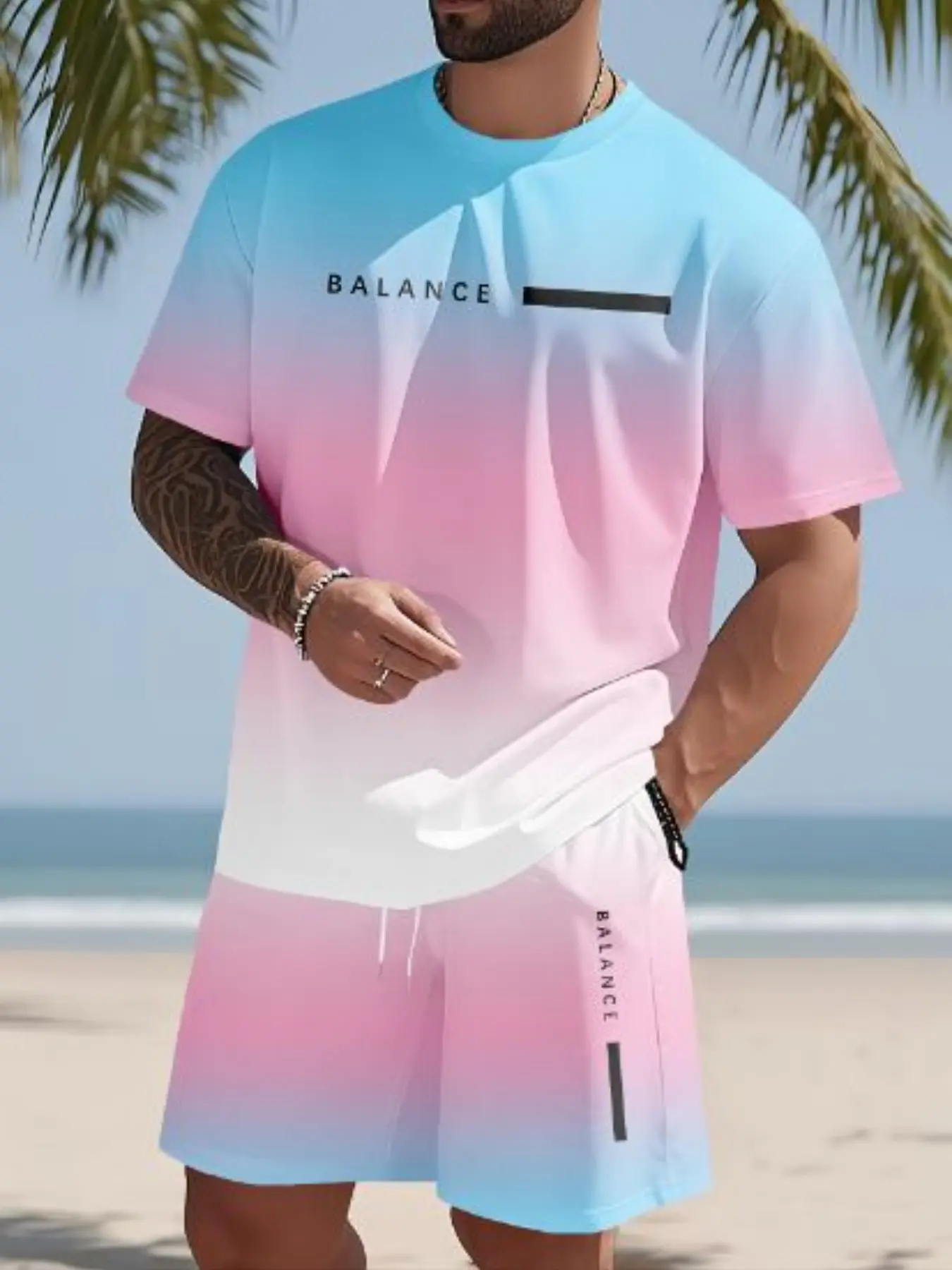 Men's Balance Tie-Dye Short Sleeve T-Shirt & Shorts Matching Set, Casual Tropical Beachwear, Geometric Pattern Design, Lightweight Elastic Fabric, Menswear