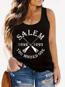 Plus Size, Women's Casual Round Neck Sleeveless Plus Size Tank Top With Halloween SALEM 1692 & Vintage Witch Print, Soft PolyesterSpandex Blend Stretchy Crewneck Pullover For Spring Summer