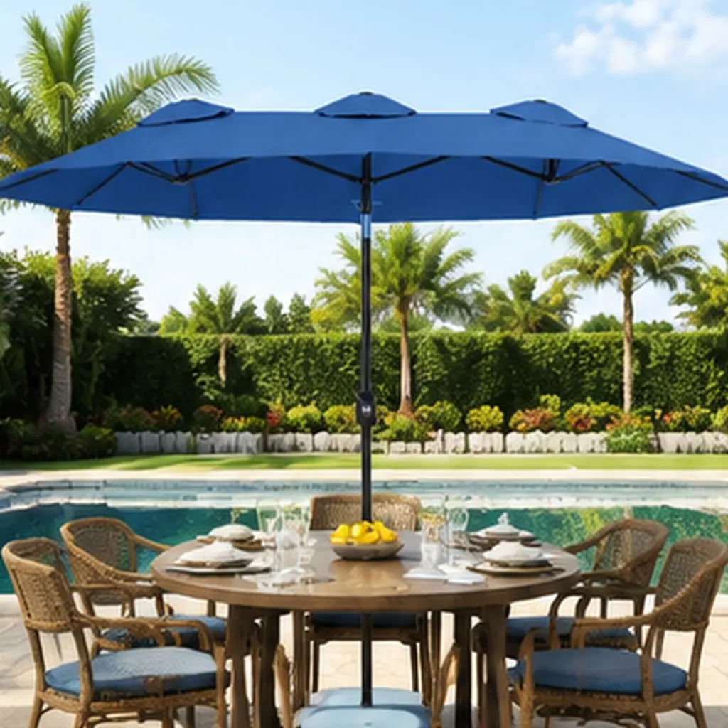 Outsunny 9.5ft Double-Sided Patio Umbrella with Tilt and Crank, 180GSM Polyester Fabric, 3 Air Vents, Steel Frame, 12 Ribs, UV Protection for Outdoor Garden Deck Table, Blue, Blue Color Options, Polyester Material, Product Dimensions: 57.75 W